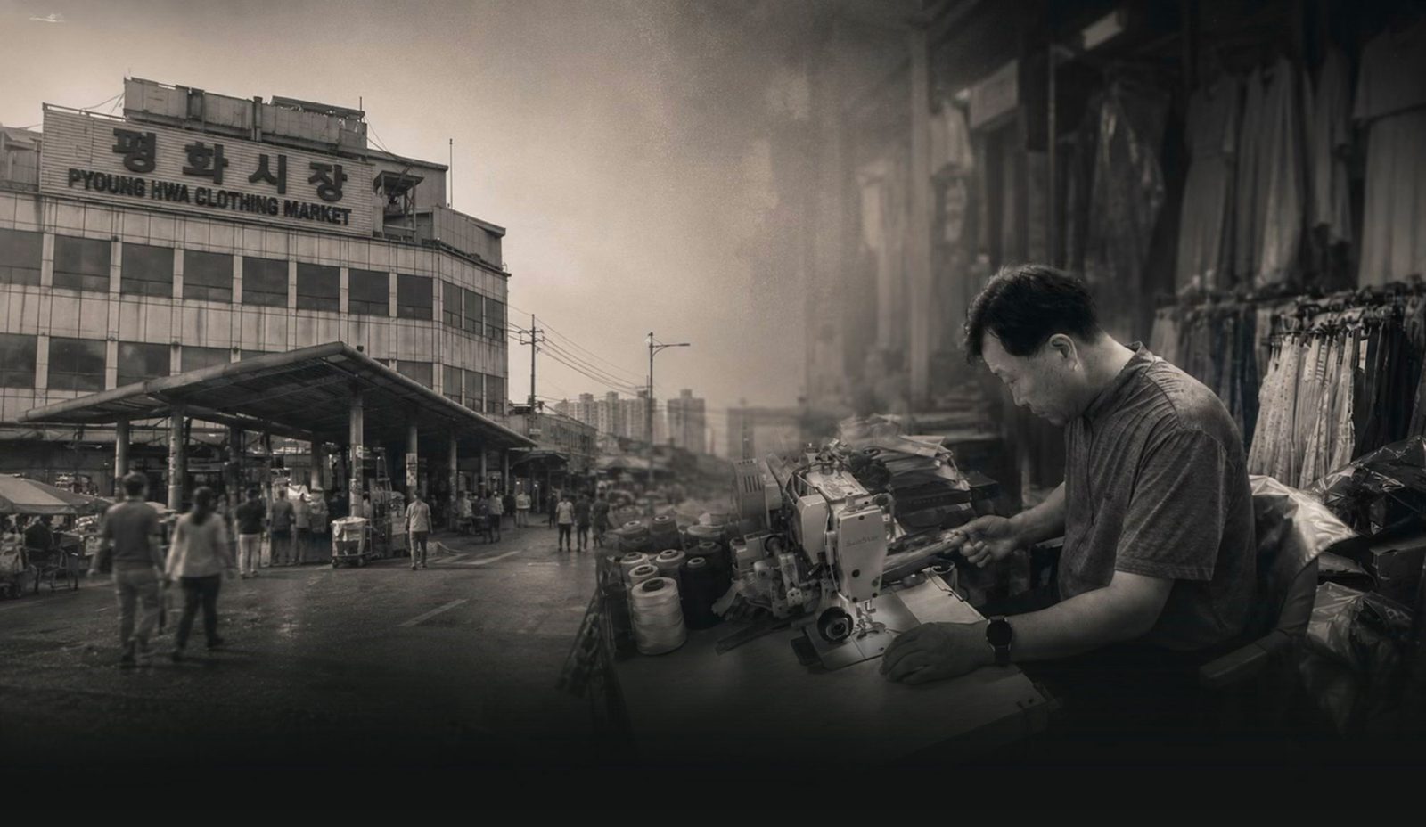 A tailor at work in Seoul's Pyounghwa garment market, where CuraOnes products are made