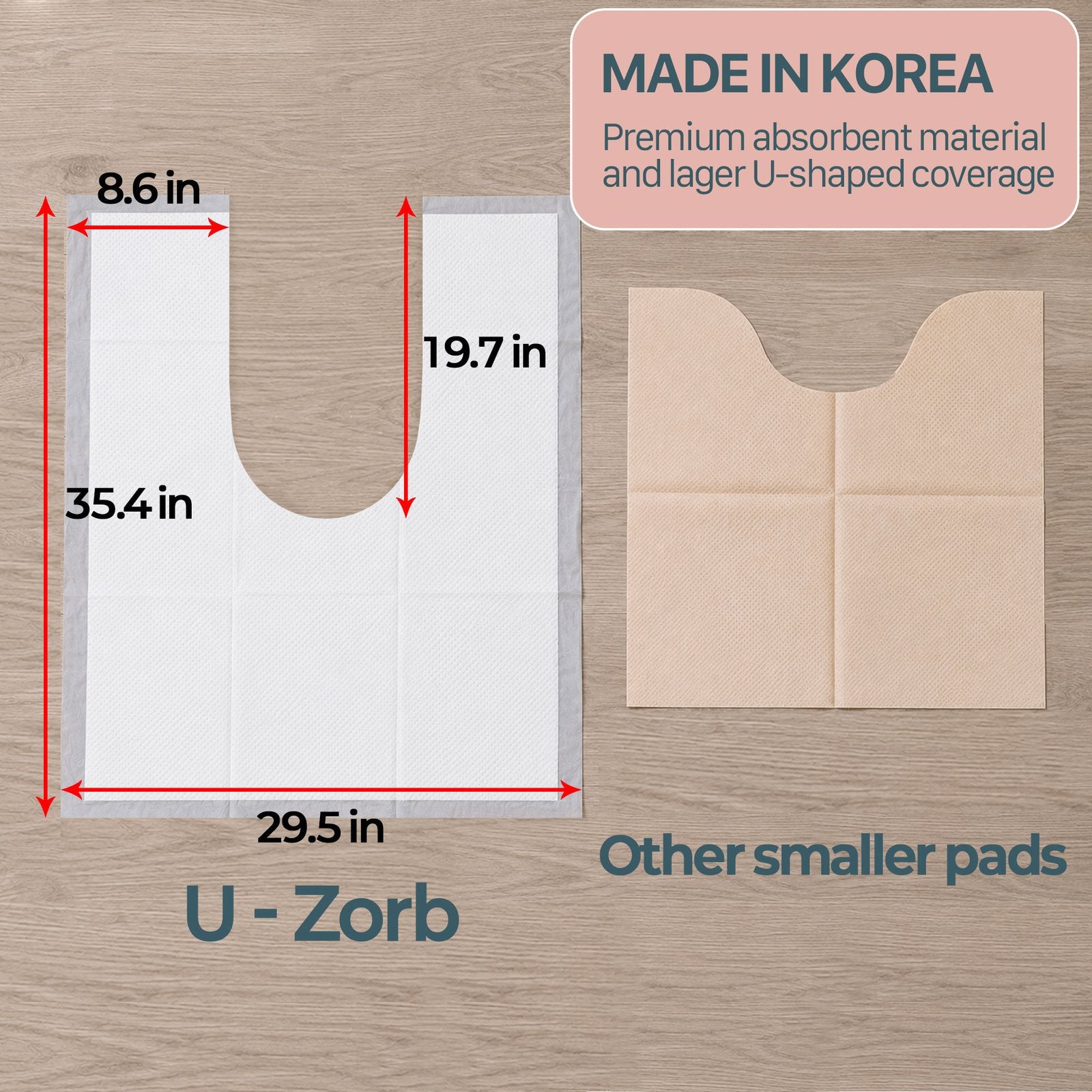 U-Zorb size comparison: 29.5 by 35.4 inches, larger than standard pads
