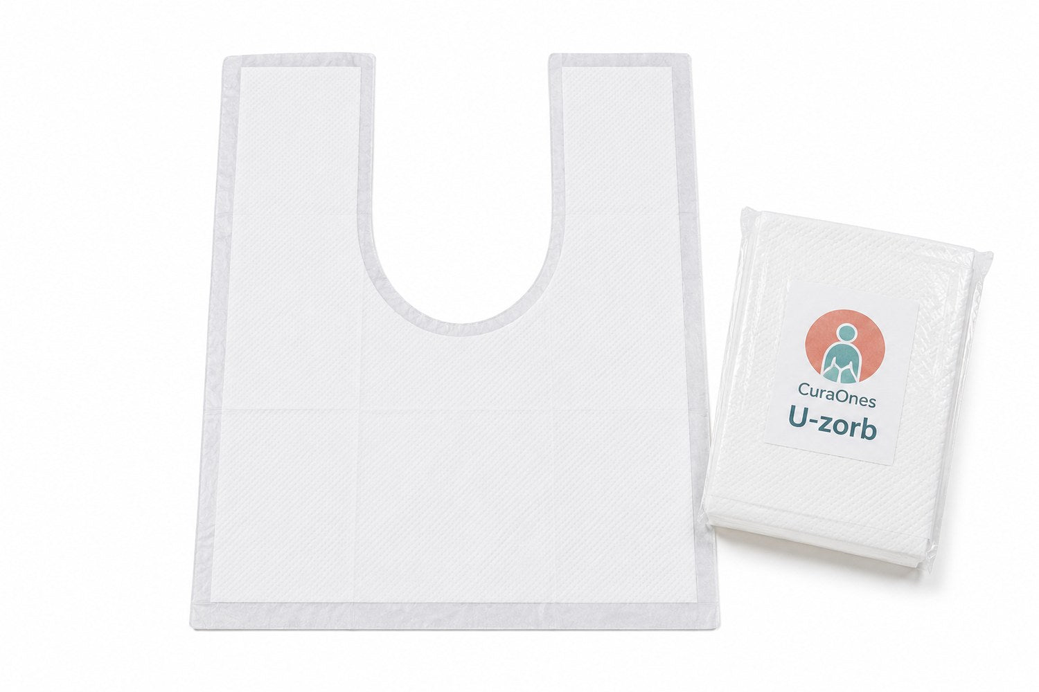 CuraOnes U-Zorb U-shaped absorbent toilet pad, shown flat and in its packaging